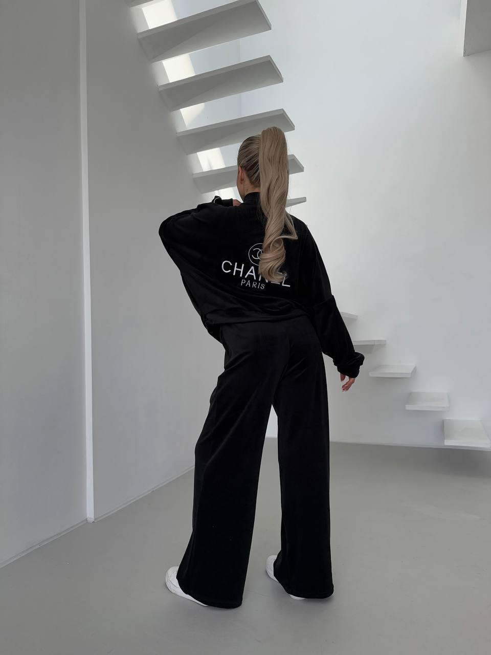 Жіночий велюровий м'який костюм для прогулянок CHANEL велюр подовжена кофта на блискавці штани палаццо OS, фото 1