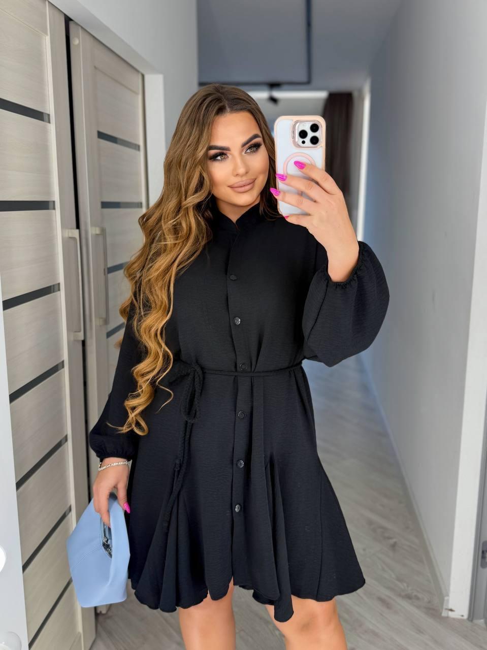 Жіноче літнє базове коротке плаття сорочка на ґудзиках з поясом американський креп рукав ліхтарик OS, фото 1