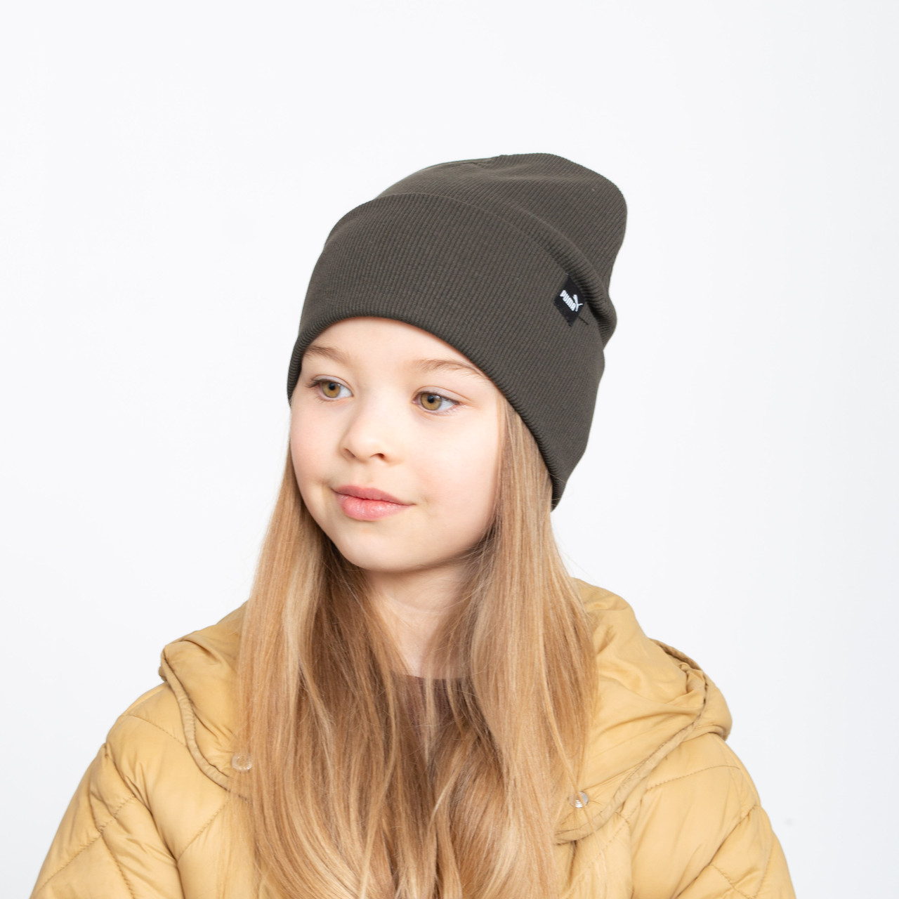 Шапка бавовняна Рубчик Puma (відворот) хакі