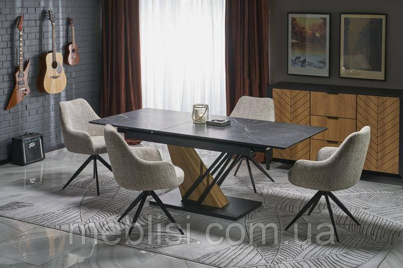 Чорний розкладний стіл 160 VOLANT чорний мармур /дуб золотий 160-200/90/76 cm (Halmar)