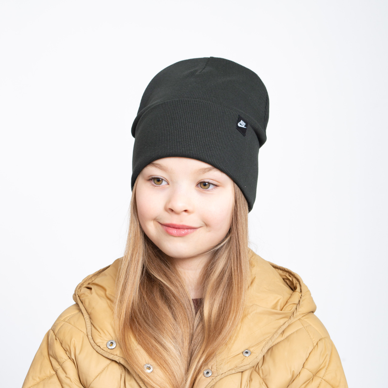 Шапка бавовняна Рубчик Nike (відворот) т.хакі