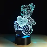 Настільний 3D акриловий світильник,декоративний настільний з об'ємним малюнком Ведмедик з серцем