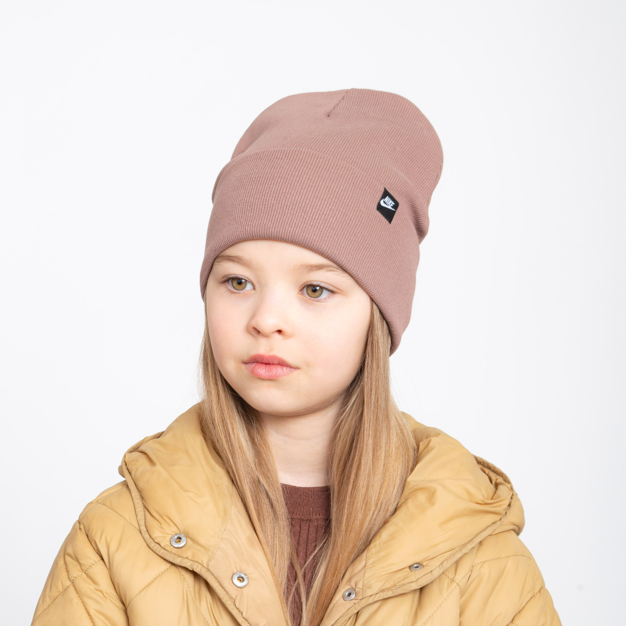 Шапка бавовняна Рубчик Nike (відворот) капучіно