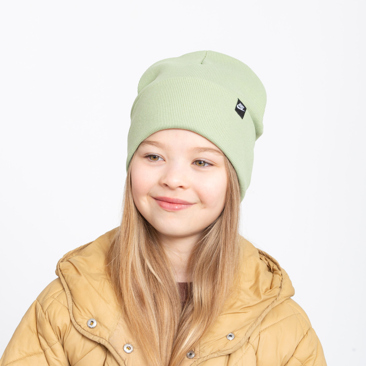 Шапка бавовняна Рубчик Nike (відворот) світла оливка