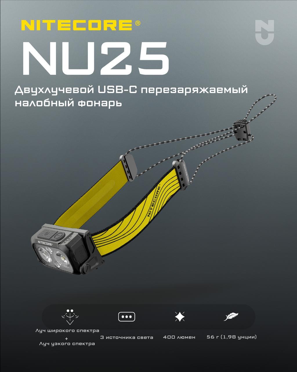 Налобний ліхтар Nitecore NU25 new з трьома джерелами світла 400LM