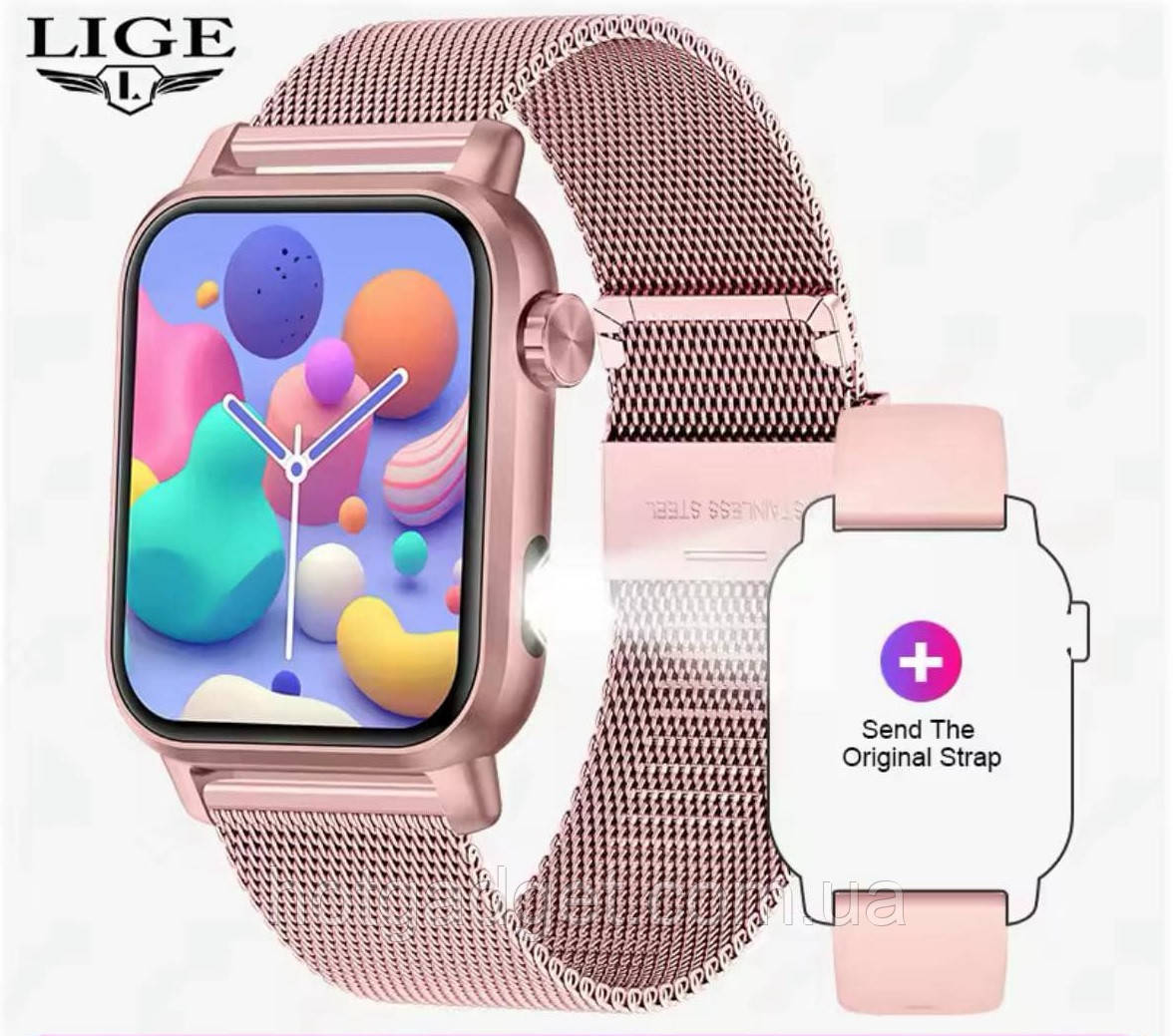 Смарт годинник жіночий Lige V31 Pink (розмова, пульсоксиметр, ліхтарик) 2 ремінці