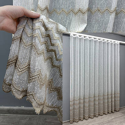 Готова (3х2,7м.) тюль льон з вишивкою і люрексом. Колір молочний з кавовим. Код 1619т 42-0577