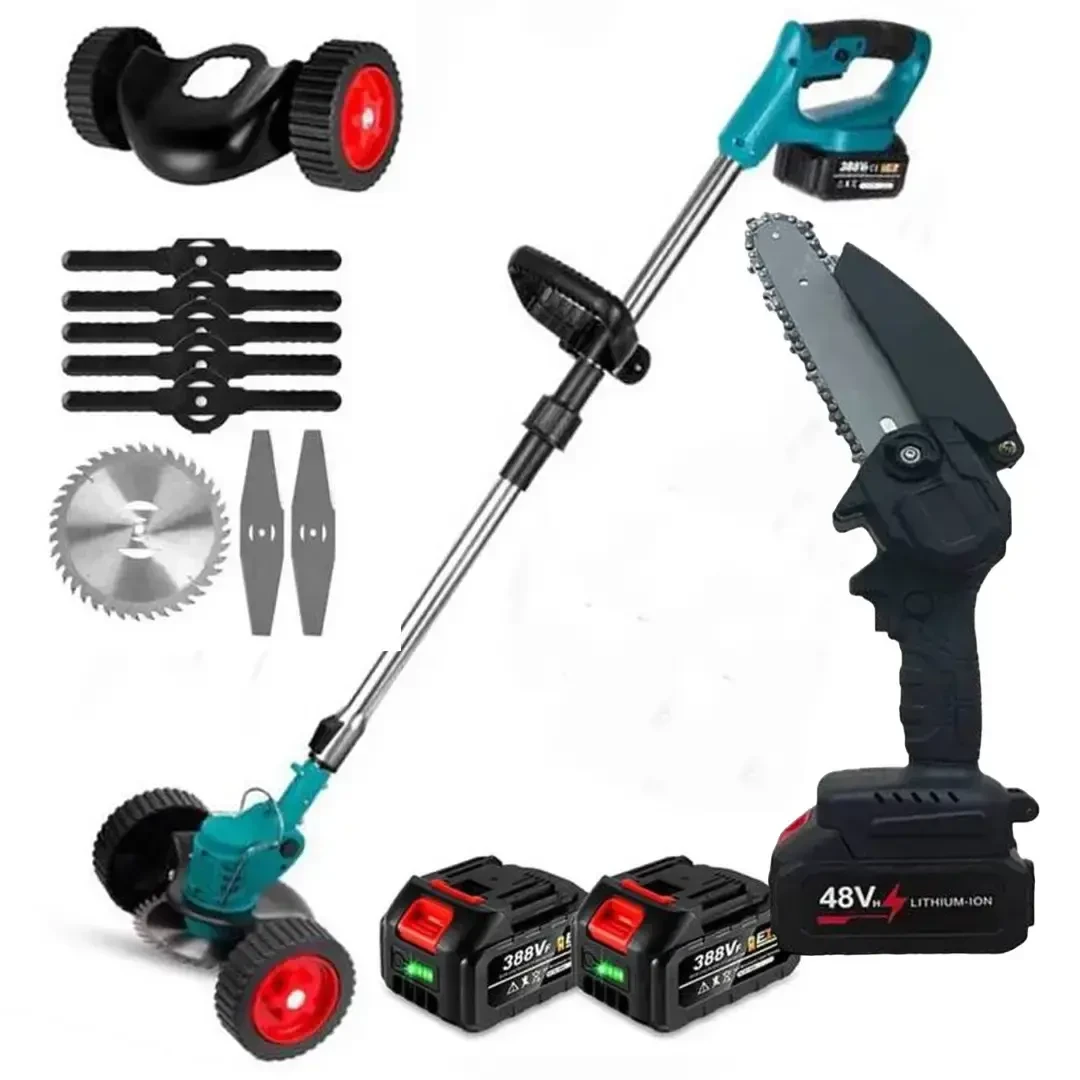 Набір 2в1 Газонокосарка з колесами + Пила 48V два акумулятори Тример для трави, фото 1