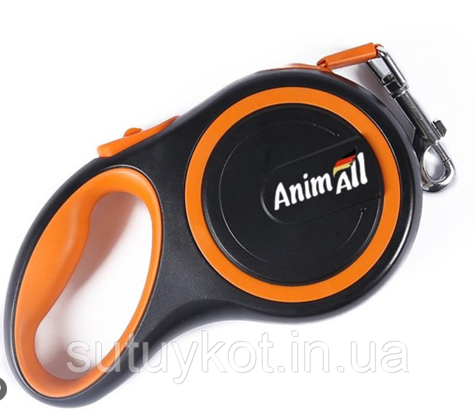 Повідець-рулетка L для великих собак до 50 кг черно-помаранчева AnimAll, довжина 5 метрів