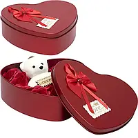 Подарунковий набір з ведмедика і  11 троянд з мила в коробці у формі серця