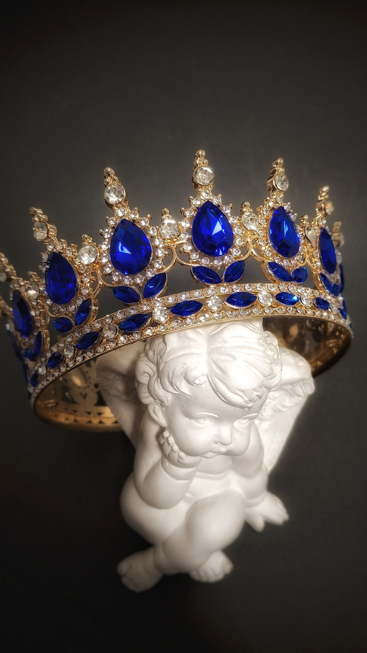 Корона з камінням Swarovski Золото з синім камінням 12.5см Жіноча тіара з кристалами Золота корона з камінням