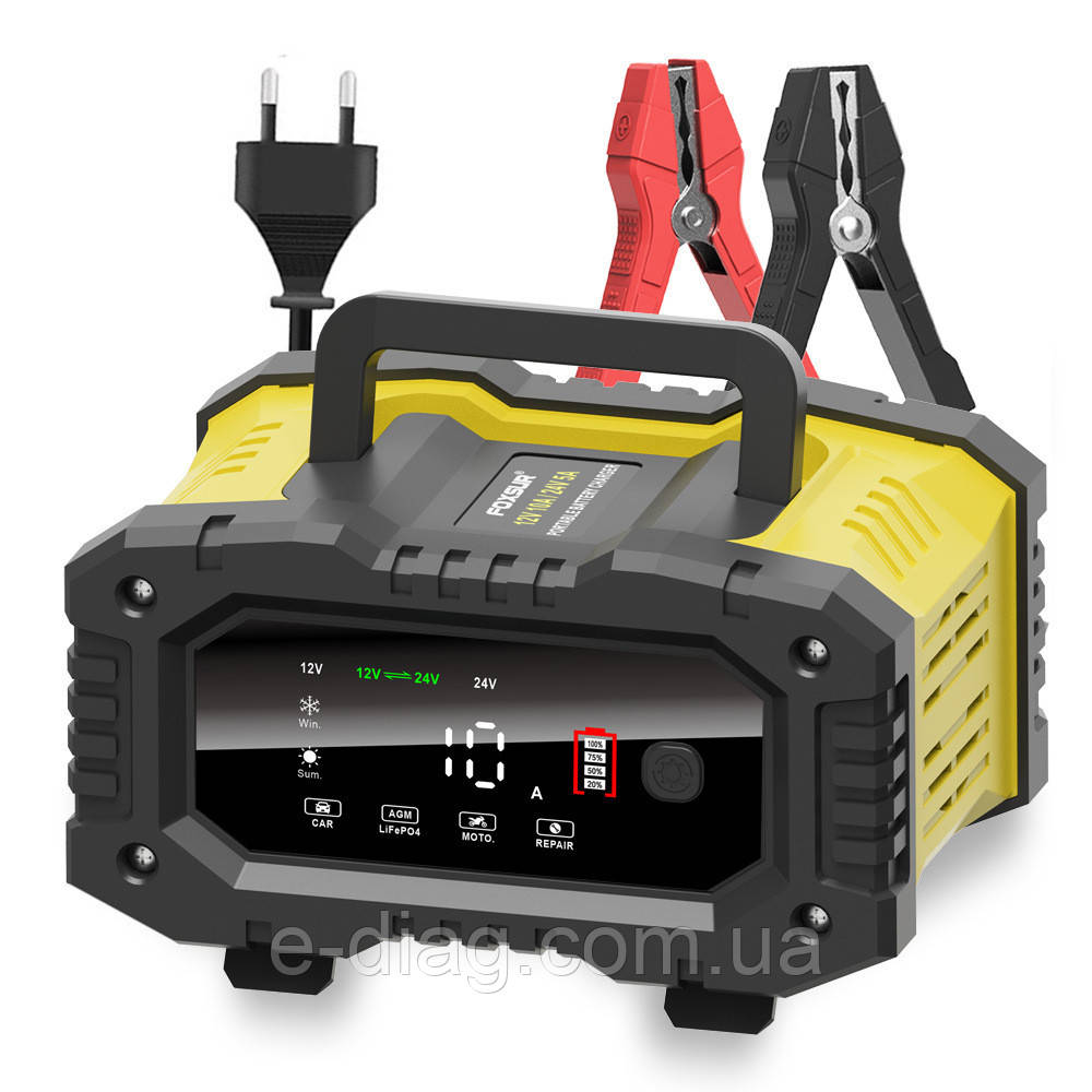 Зарядний пристрій для акумулятора Foxsur FPT-100 (12V 10A / 24V 5A, 6-200Ah), імпульсний, автоматичний