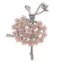 Брошка металева на сріблястій основі балерина з квіточками та з білими стразами розмір 55х40 мм