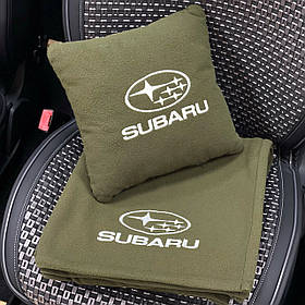 Подушка та плед в машину з логотипом авто Subaru, зелений