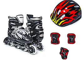 Комплект ролики із захистом та шоломом "Power Champs". Переднє колесо з підсвічуванням. Чорні, розмір 29-33