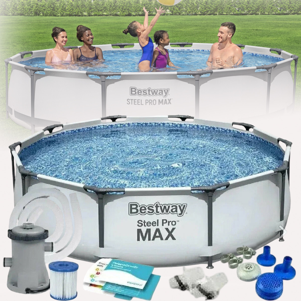 Каркасний круглий басейн 366х76 см Bestway 56416 з фільтр-насосом та ремкомплектом на 6470 л Сірий