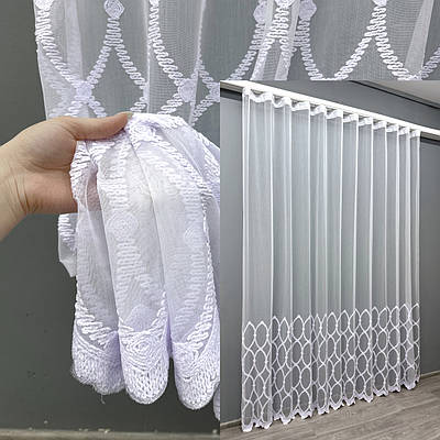 Готова тюль (4х2,7м.) з тканини бамбук з вишивкою. Колір холодний білий. Код 1624т 42-0822