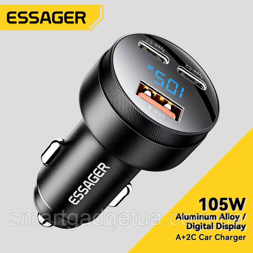 Автомобільний зарядний пристрій Essager (FSJ-008) 105W з дисплеєм / Black / Car Charger USB-A Type-C, фото 1
