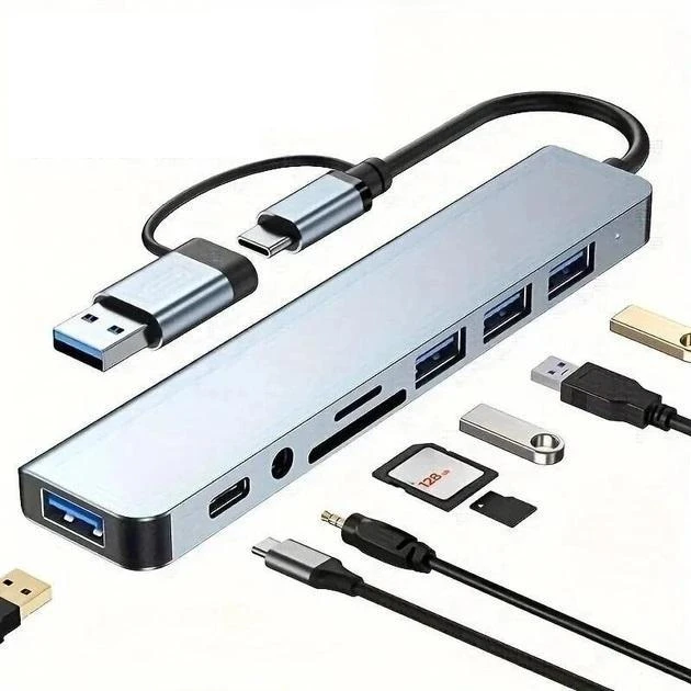 Мультифункціональний USB-хаб 8 в 1 універсальний адаптер концентратор з входом Type-C кардрідер HDMI+PD+USB-C+SD+TF