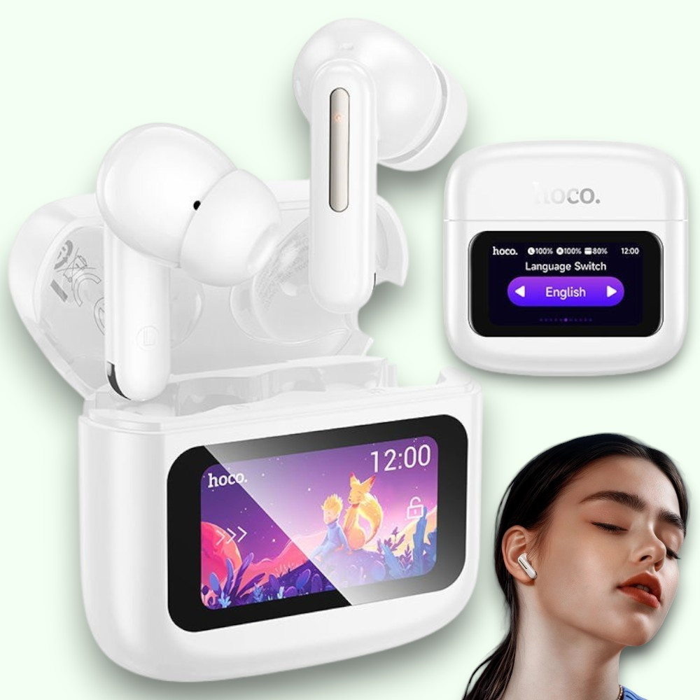Бездротові Bluetooth навушники з дисплеєм AirPods Hoco EQ14 навушники з сенсорним екраном, білий