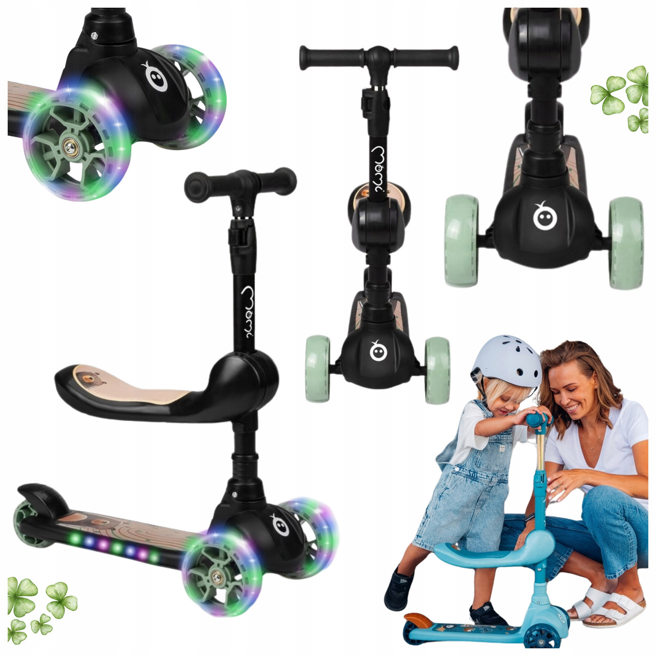Дитячий самокат Balance 2in1 - Momi Kiuru Black - світлодіодні колеса