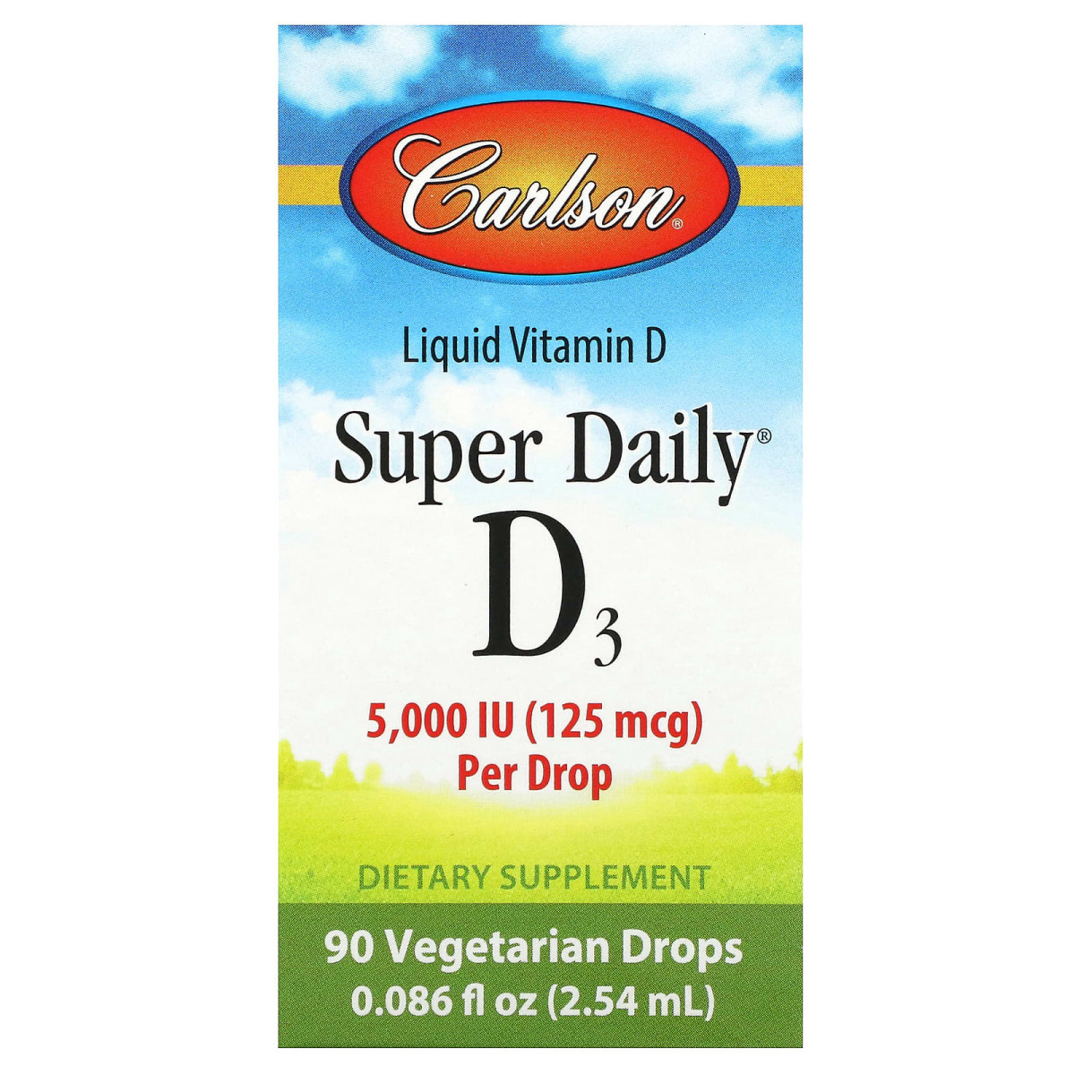 Carlson, Super Daily, D3, 125 мкг (5000 МО), 90 вегетаріанських крапель, 2,54 мл (0,086 рідк. унції)