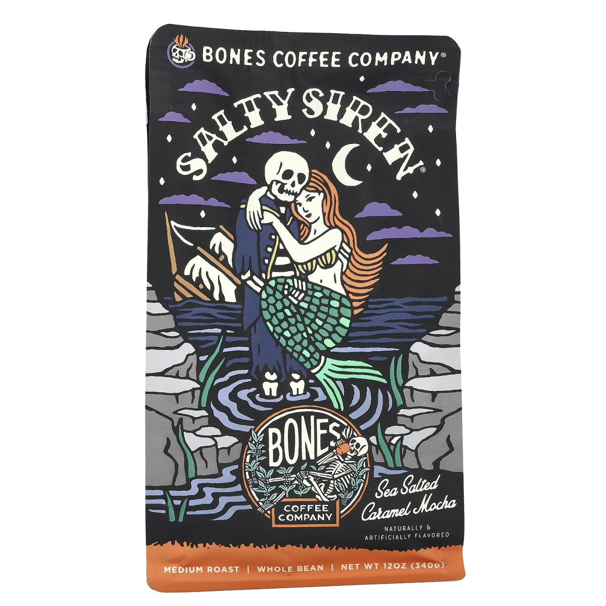 Bones Coffee Company, Salty Siren, мокко з карамеллю й морською сіллю, цілі боби, середнє обсмажування, 340 г (12 унцій)