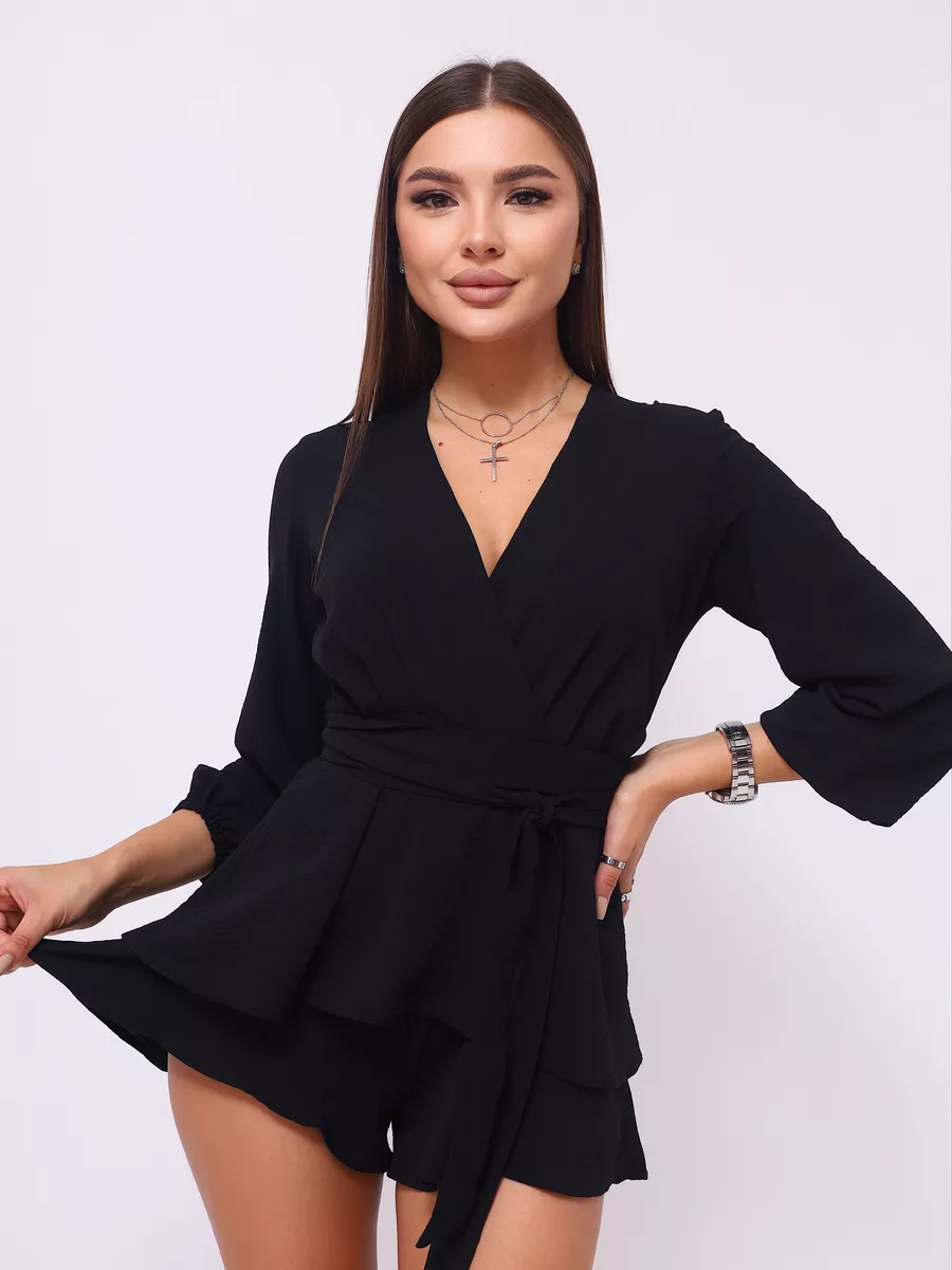 Молодіжний красивий романтичний комбінезон з шортами, чорний, фото 1