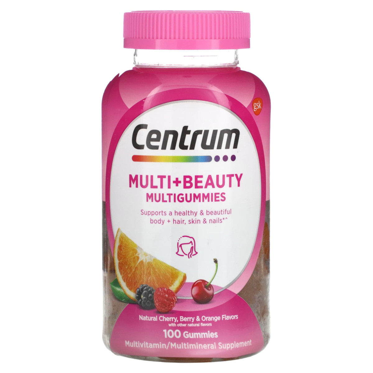 Centrum, Multi+ Beauty, мультижувальні таблетки, натуральна вишня, ягоди й апельсин, 100 жувальних мармеладок