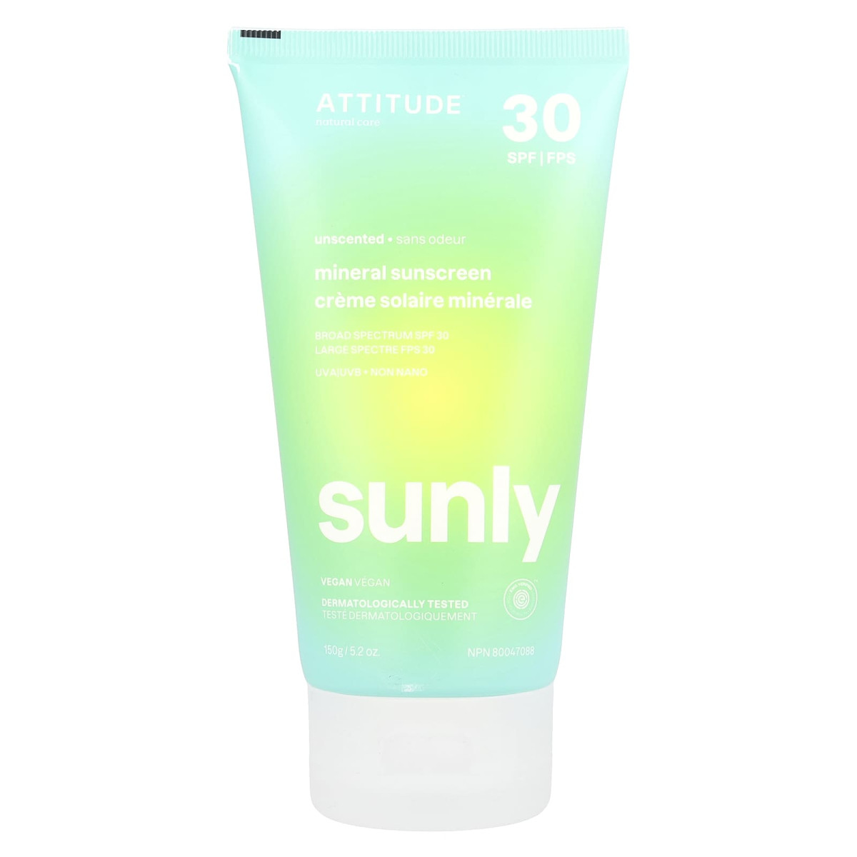 ATTITUDE, Sunly, мінеральний сонцезахисний крем, SPF 30, без запаху, 150 г (5,2 унції)
