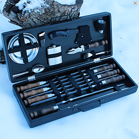 Набір СОТНИК шампурів з чарками в дерев'янів коробці для подарунка куму, чоловіку, батьку, шефу.