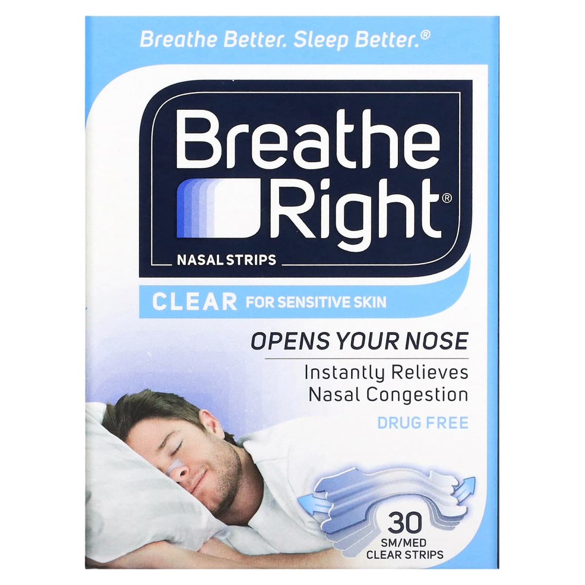 Breathe Right, назальні смужки SM/Med, прозорі, 30 шт