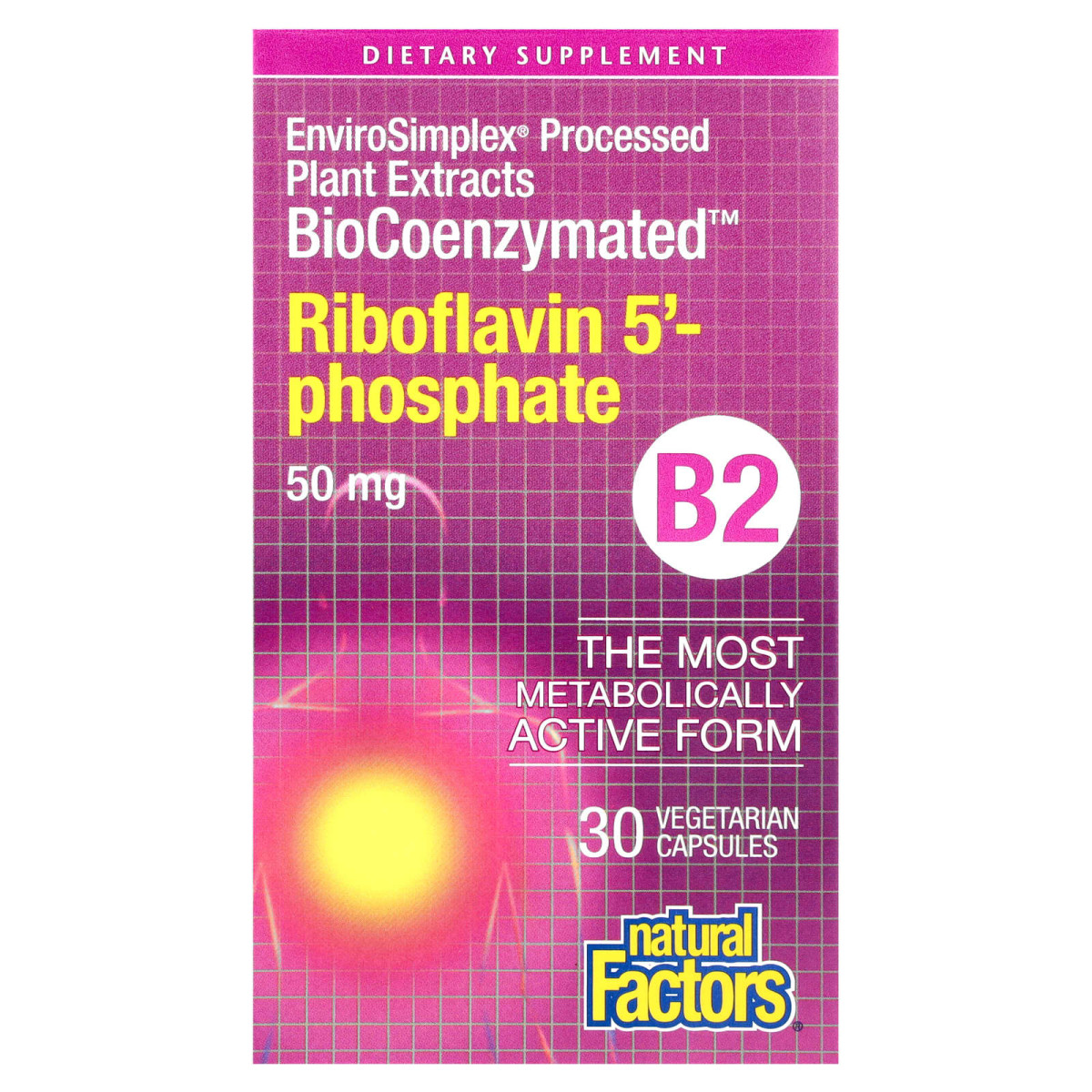 BioCoenzymated, B2, рибофлавін 5-фосфат, Natural Factors, 50 мг, 30 вегетаріанських капсул