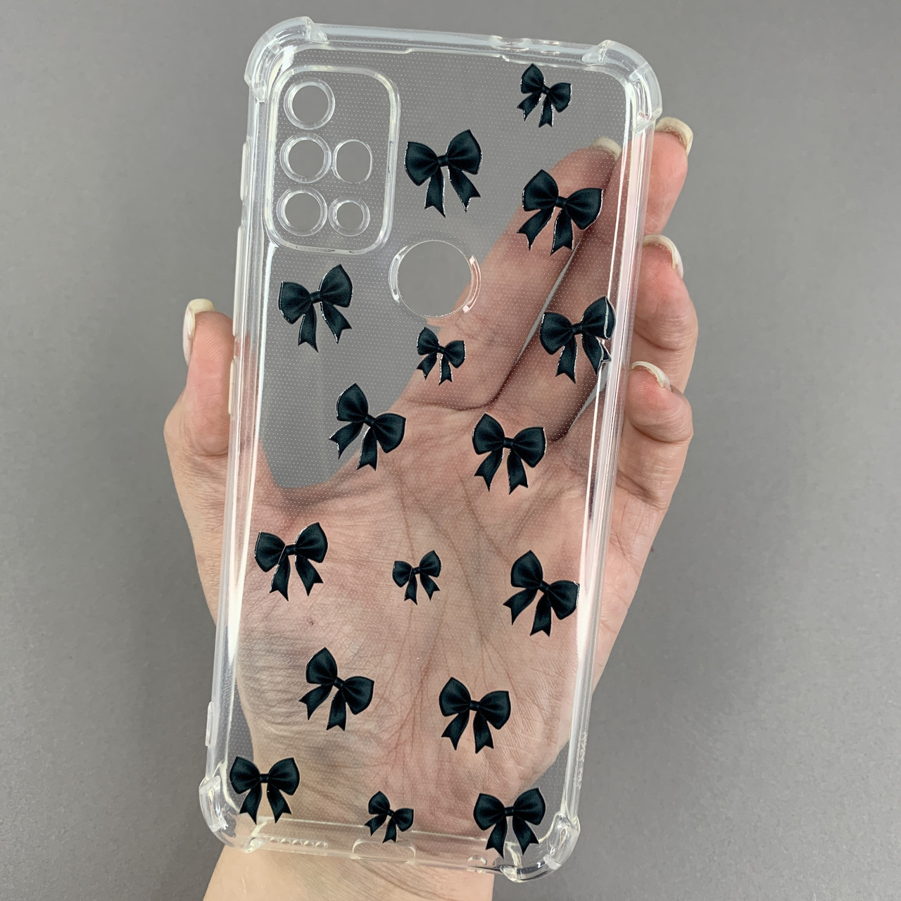 Чохол для Motorola G20 чохол з бронь кутами з принтом чорних бантиків на телефон моторола г20 прозорий q03v
