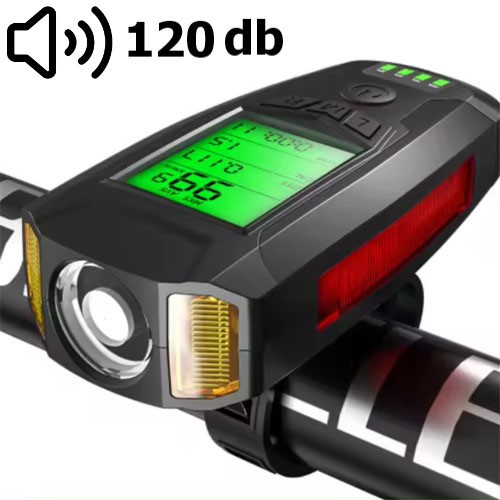 Велофара з комп'ютером, сигналом і сигналізацією AS0808-XPG+2LED(yellow)+2COB(red), виносна кнопка, Waterproof, аккум., ЗУ, фото 1