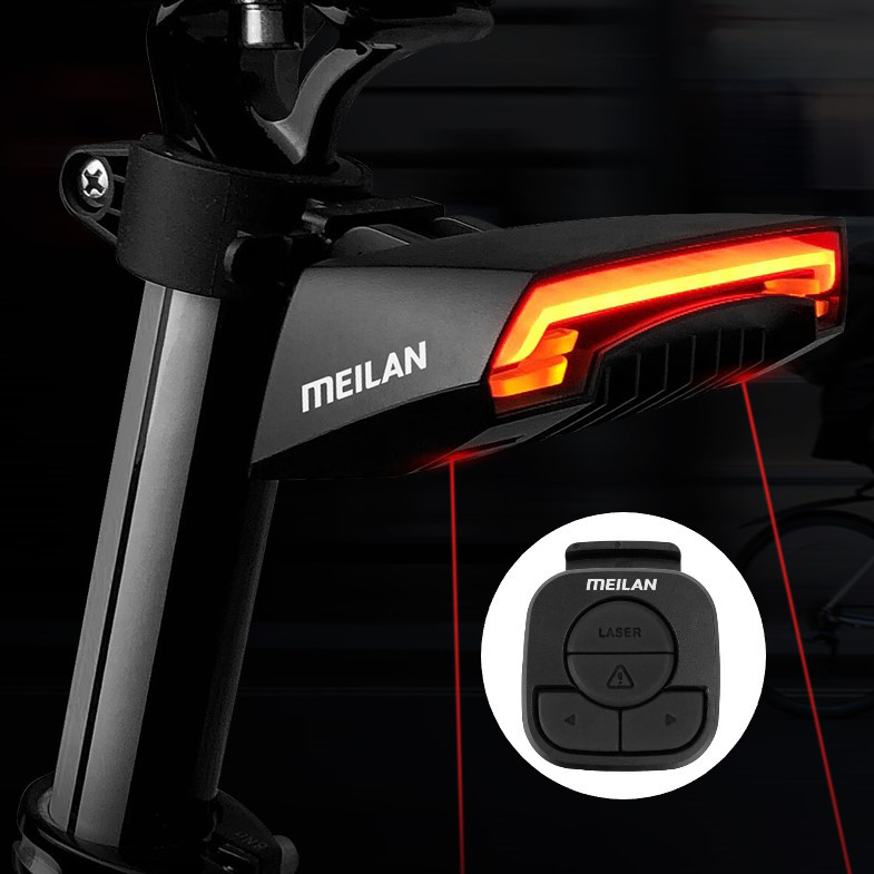 Велоліхтар Meilan X5 із зазначенням поворотів (red+yellow) та лазерною розміткою, waterproof, ЗУ micro USB, Li-Ion акумулятор, фото 1