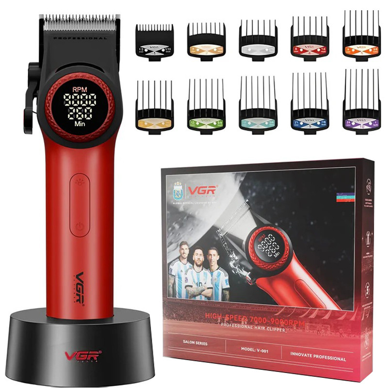 Акумуляторна машинка для стриження (clipper) VGR V-001 RED, 10 насадок, 9000 RPM, 4600 mAh, LED light, LED display, фото 1