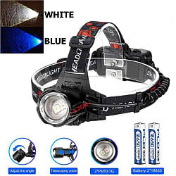 Ліхтар налобний PLD-T115-2PM10-TG(white+blue), 2x18650, ЗУ Type-C, zoom, Box