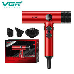 Фен професійний VGR V-401 RED, 40 рівнів обдування 7000 - 11000 RPM, 40 рівнів температури 60°C - 100°C, 3 насадки