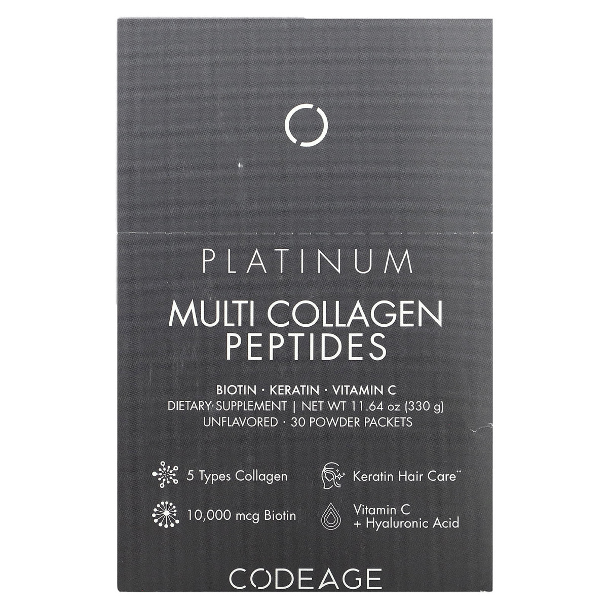 Codeage, Platinum, Multi Collagen Peptides, Biotin, Keratin, Vitamin C, Unflavored, 30 Packets, 0.38 oz (11 g)
