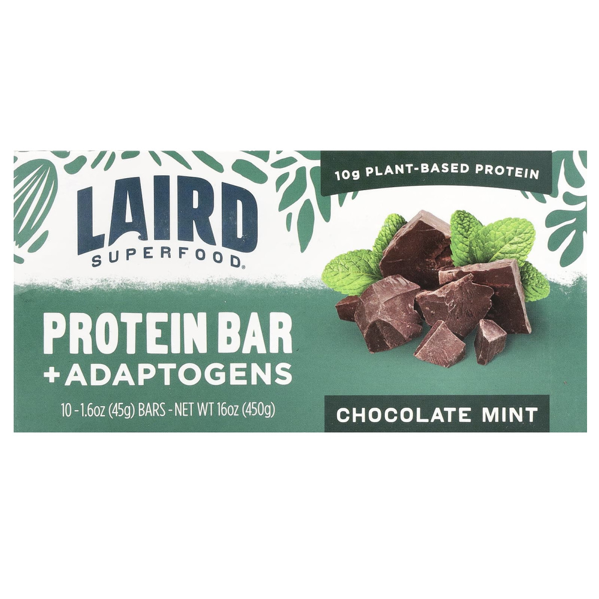 Laird Superfood, протеїновий батончик і адаптогени, шоколад і м’ята, 10 батончиків по 45 г (1,6 унції)