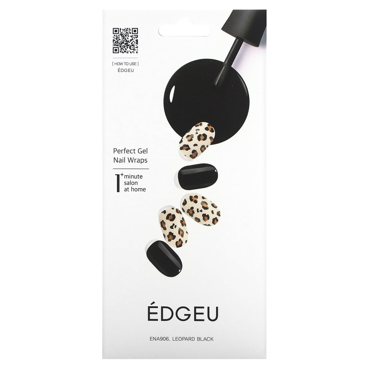 Edgeu, Perfect Gel Nail Wraps, ENA 906 Leopard Black, 19 Piece Set
