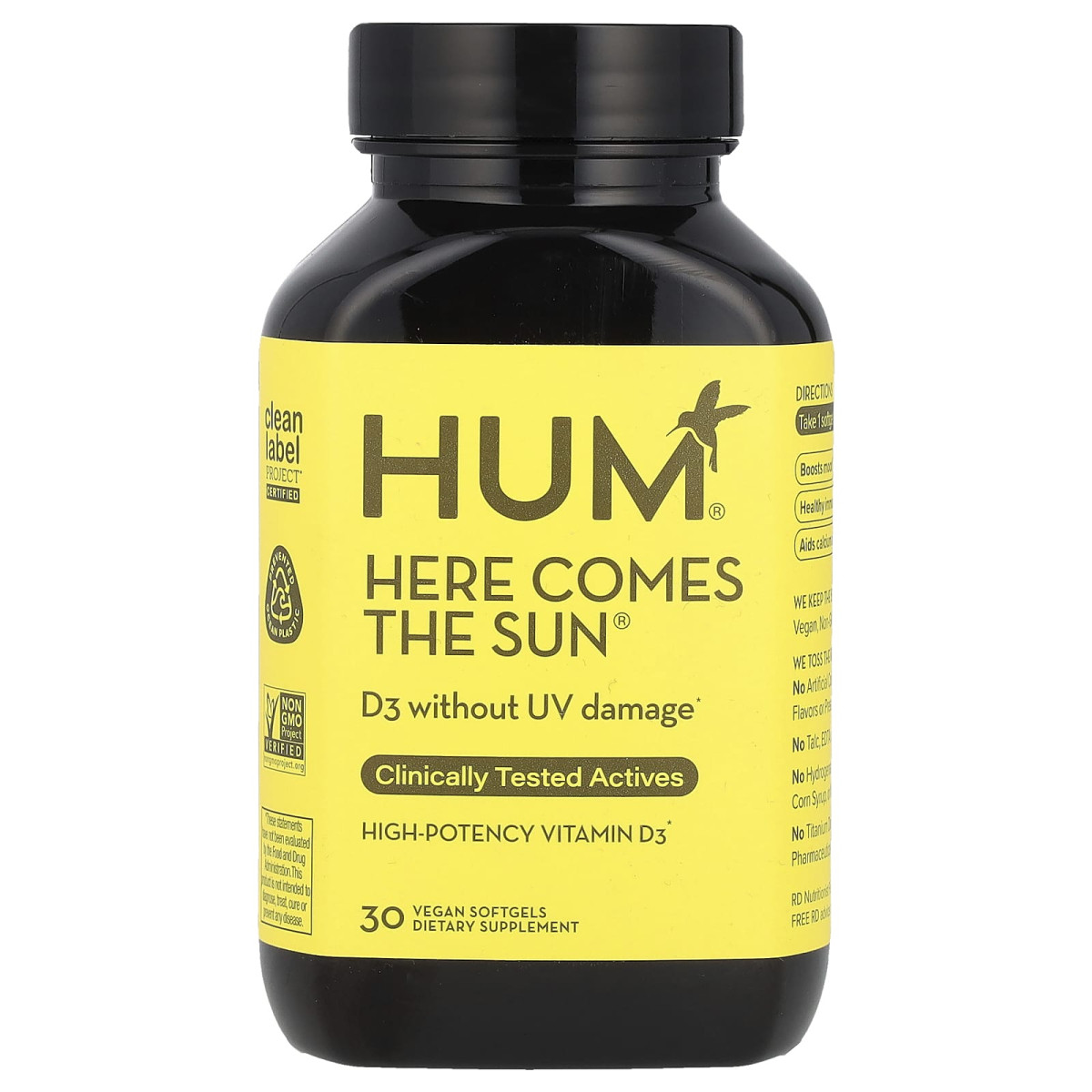 HUM Nutrition, Here Comes The Sun®, високоефективний вітамін D3, 30 веганських капсул