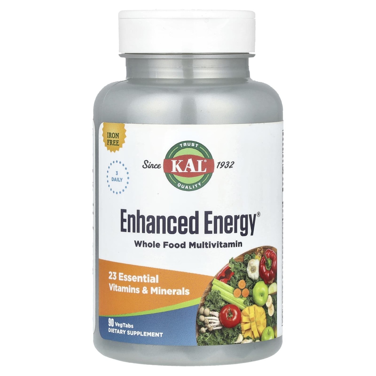 KAL, Enhanced Energy®, цільнохарчові мультивітаміни, без заліза, 90 вегетаріанських таблеток