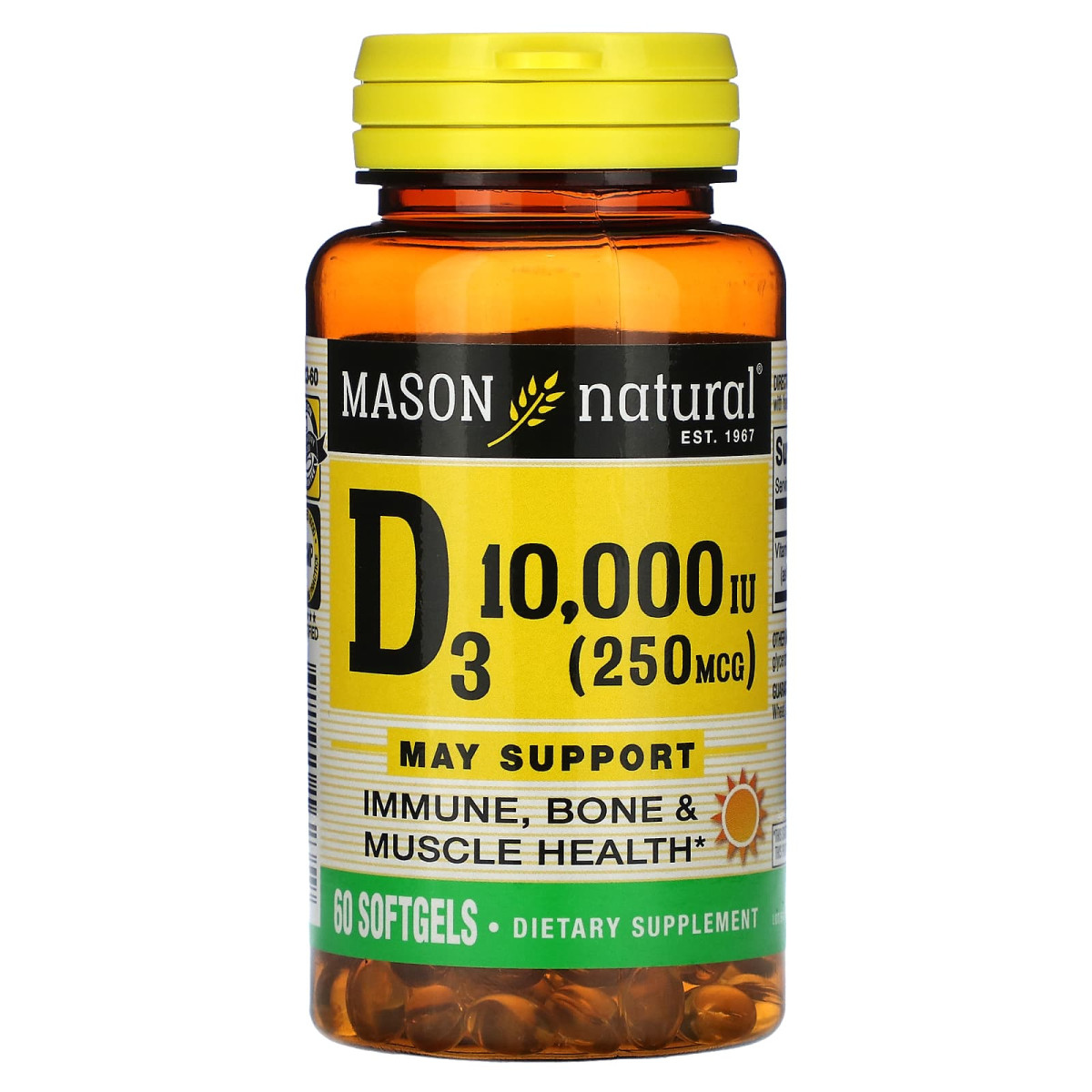 Mason Natural, вітамін D3, 250 мкг (10 000 МО), 60 капсул