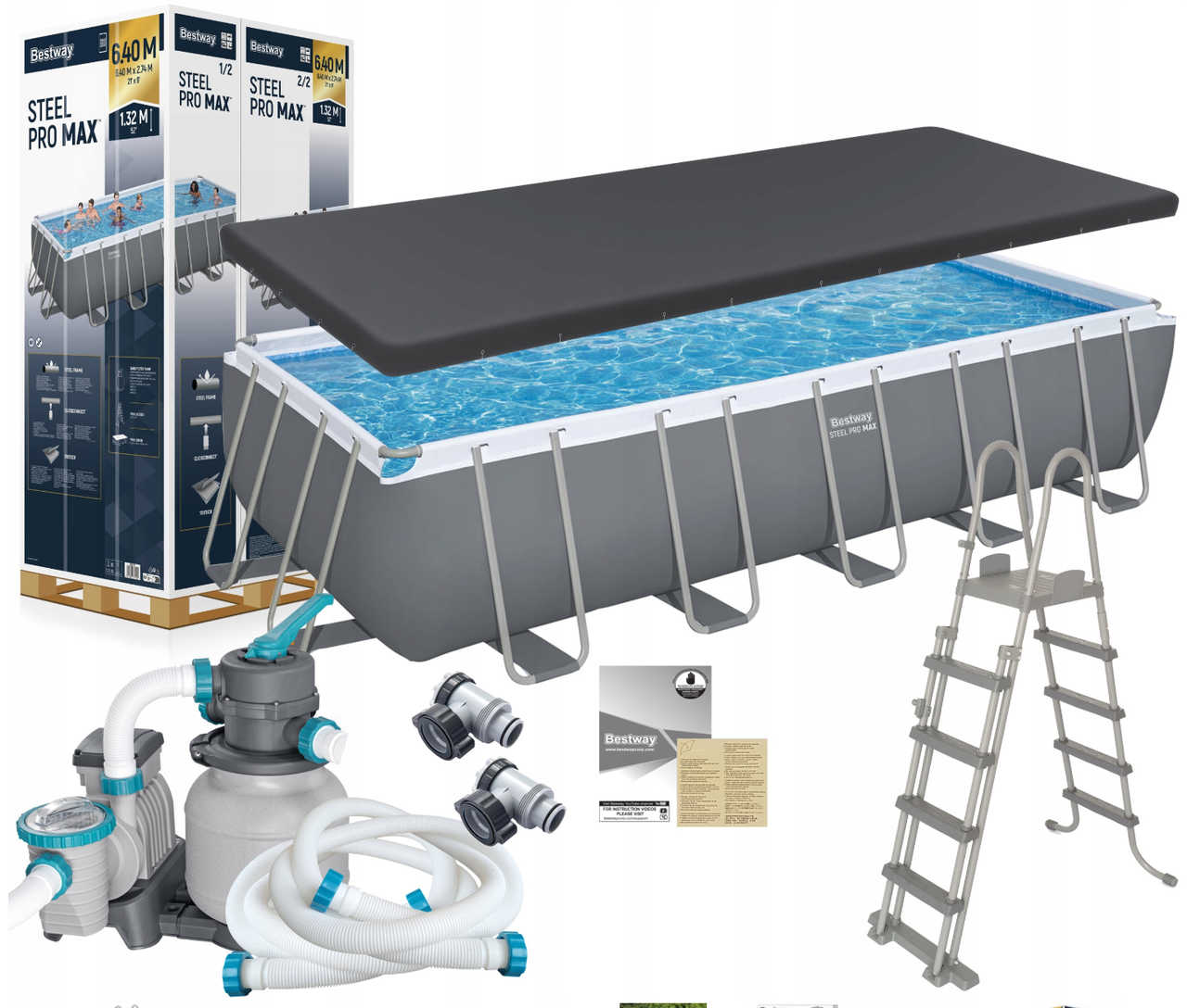 Каркасний басейн Bestway 5612B 640 х 274 х 132 см, пісочний фільтр-насос 5678 л/год, сходи, тент