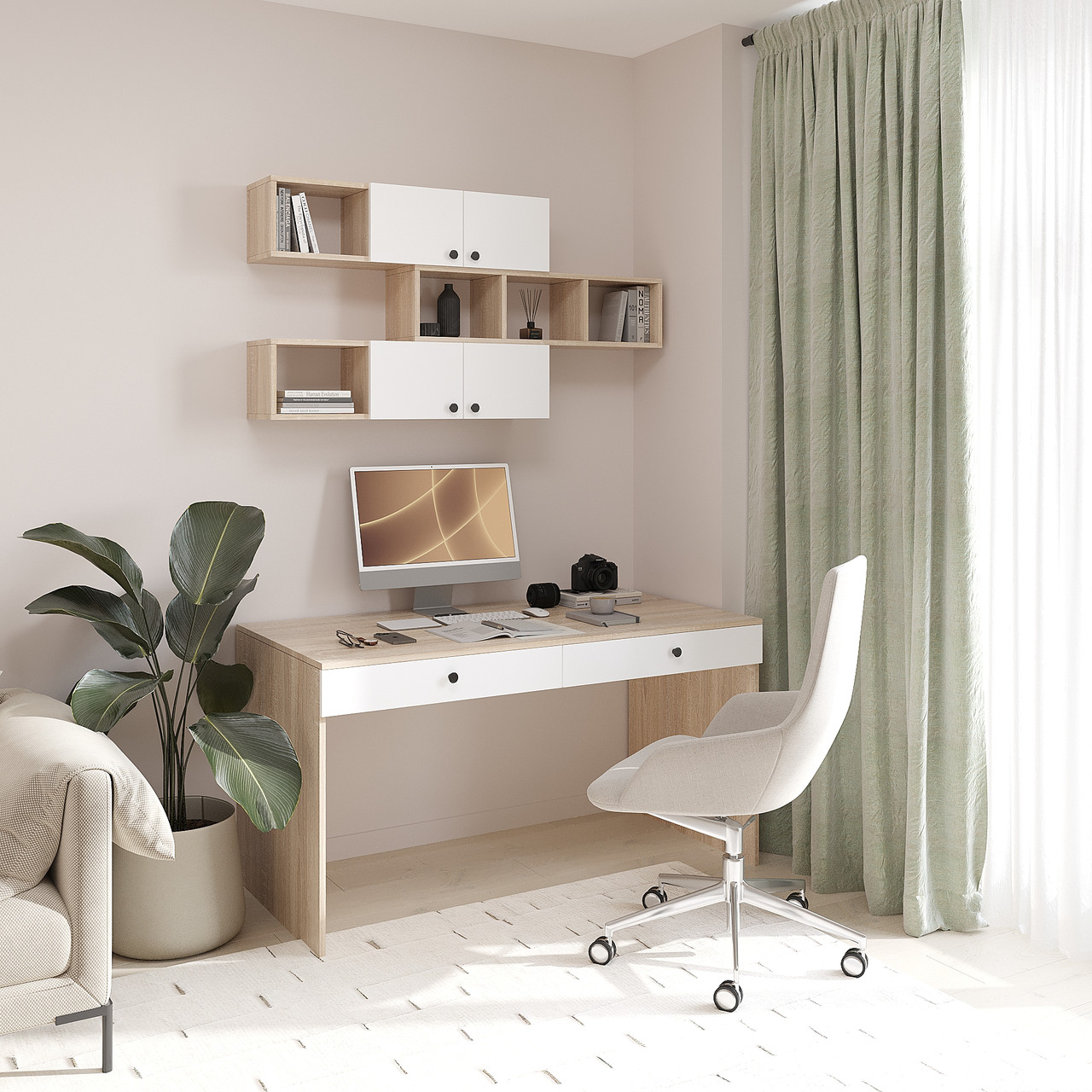 Письмовий стіл з навісною полицею, комплект Дуб Сонома/Білий, фото 1