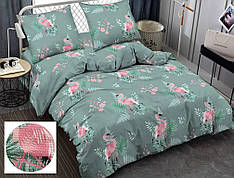 Зелений постільний комплект білизни Жатка з принтом Фламінго, євро 200х220 см (Gе-57)