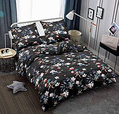 Чорний набір постільної білизни Жатка з квітковим малюнком, євро розмір 200х220 см (Gе-70)