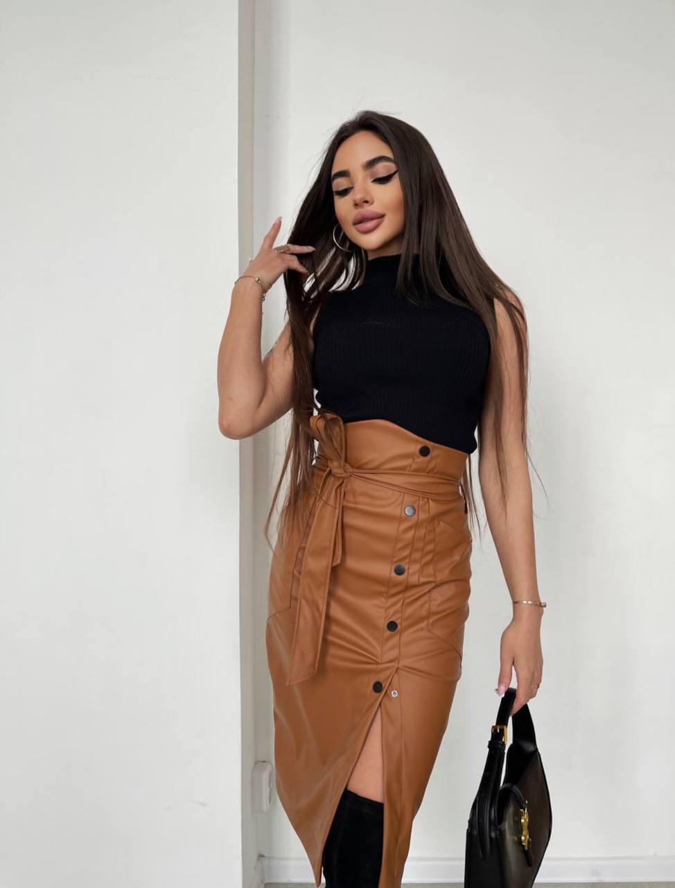 Спідниця шкіряна з поясом міді, фото 1